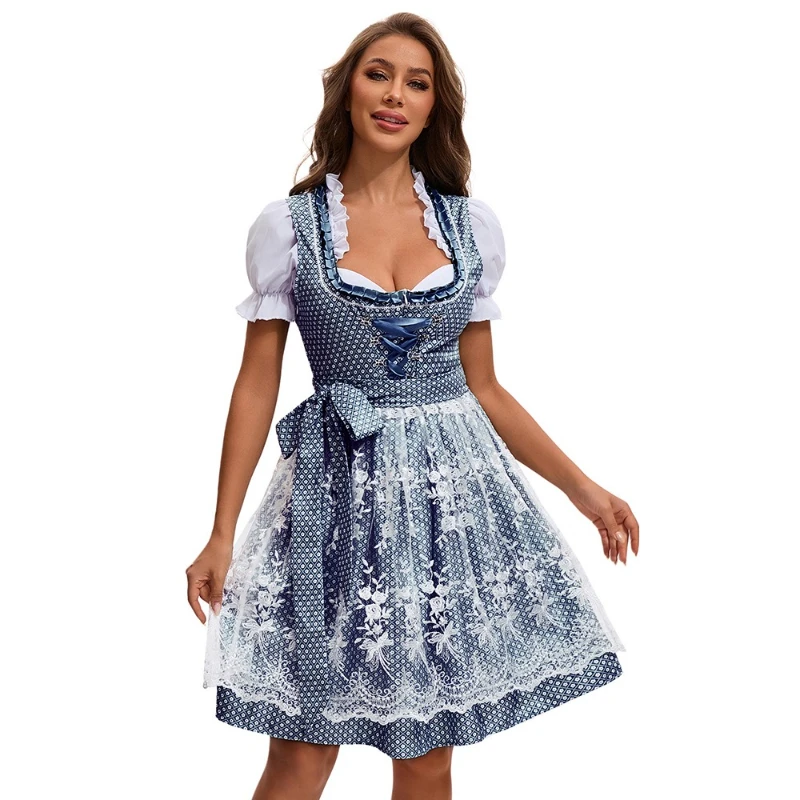 Abito da donna multicolore dell'Oktoberfest di Monaco 2025, gonna da birra tradizionale bavarese con stampa etnica con top e grembiule, costume da cameriera