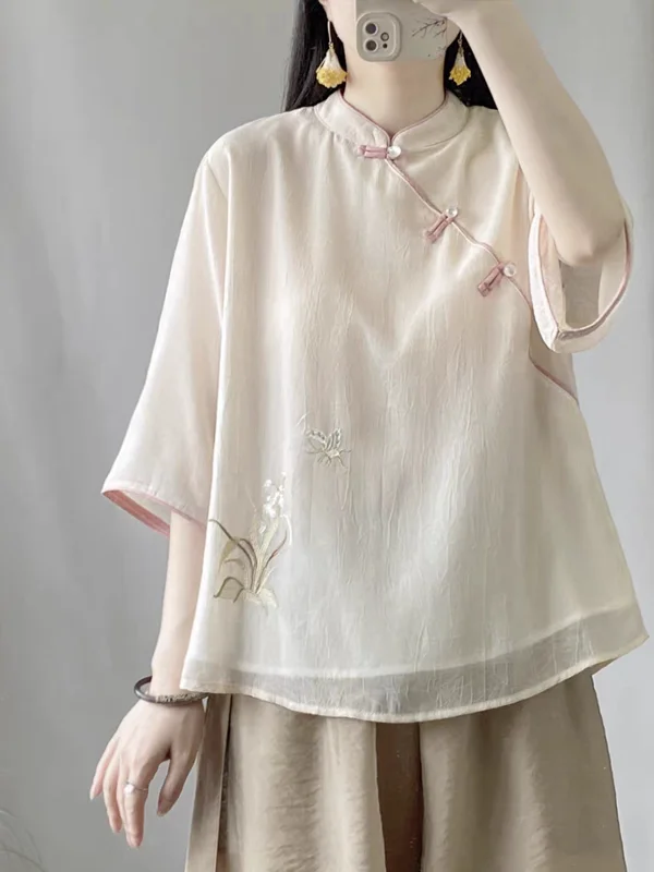 

Ele Chinese Sle Embroidered Linen irt Women's Summer Faion Unique Beautiful Cotton Linen Button up Top