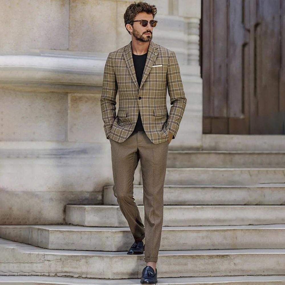 

Slim Fit Men's Suits Classic Plaid Single Breasted Notch Lapel Blazer High Quality Daily 2 Piece Jacket Pants Elegant Outfits