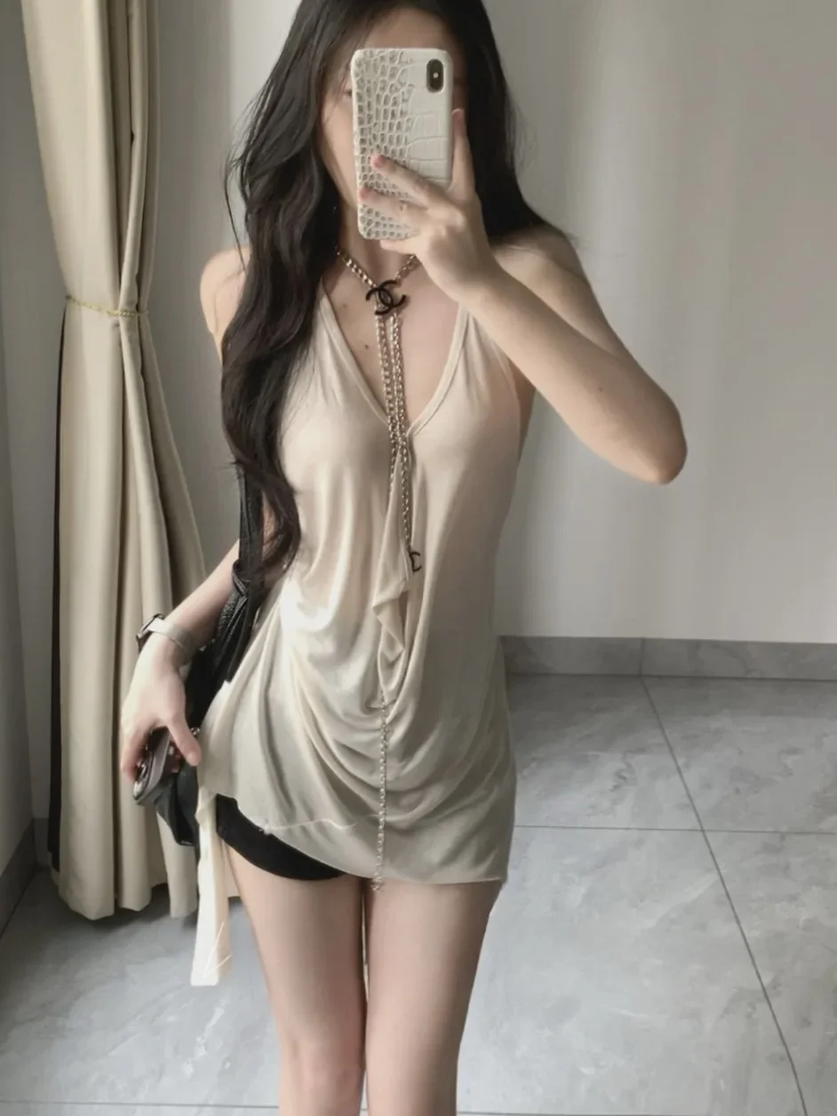 Sexy V-Neck Hanging Neck Strap Vest Loose Slimming Versatile Women's Fish Tail Strap Top Mid-Length Pure Color Summer Fashion