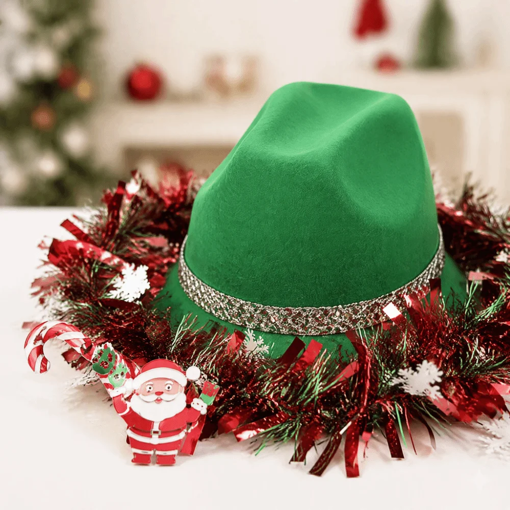Ribbon Decoration Christmas Cowboy Hat Vintage Sunscreen Western Hat Snowflake Santa Claus Design Wide Brim Hat Valentine Day
