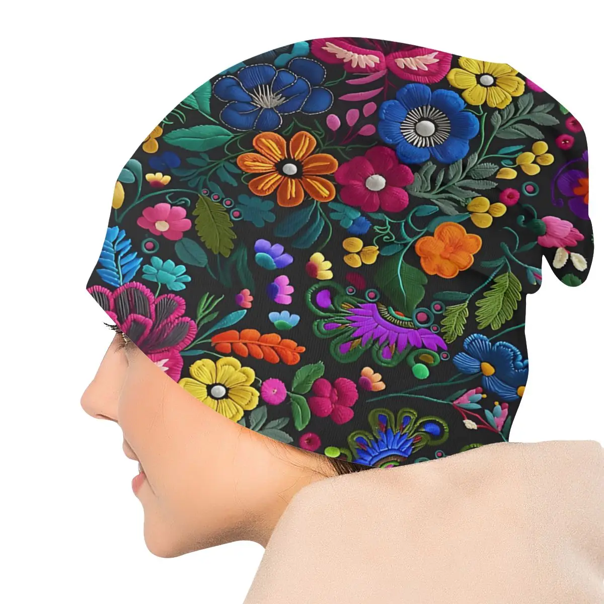 Mexican Embroidery Flower Pattern Washed Thin Bonnet Windproof Casual Beanies Protection Men Women Hats