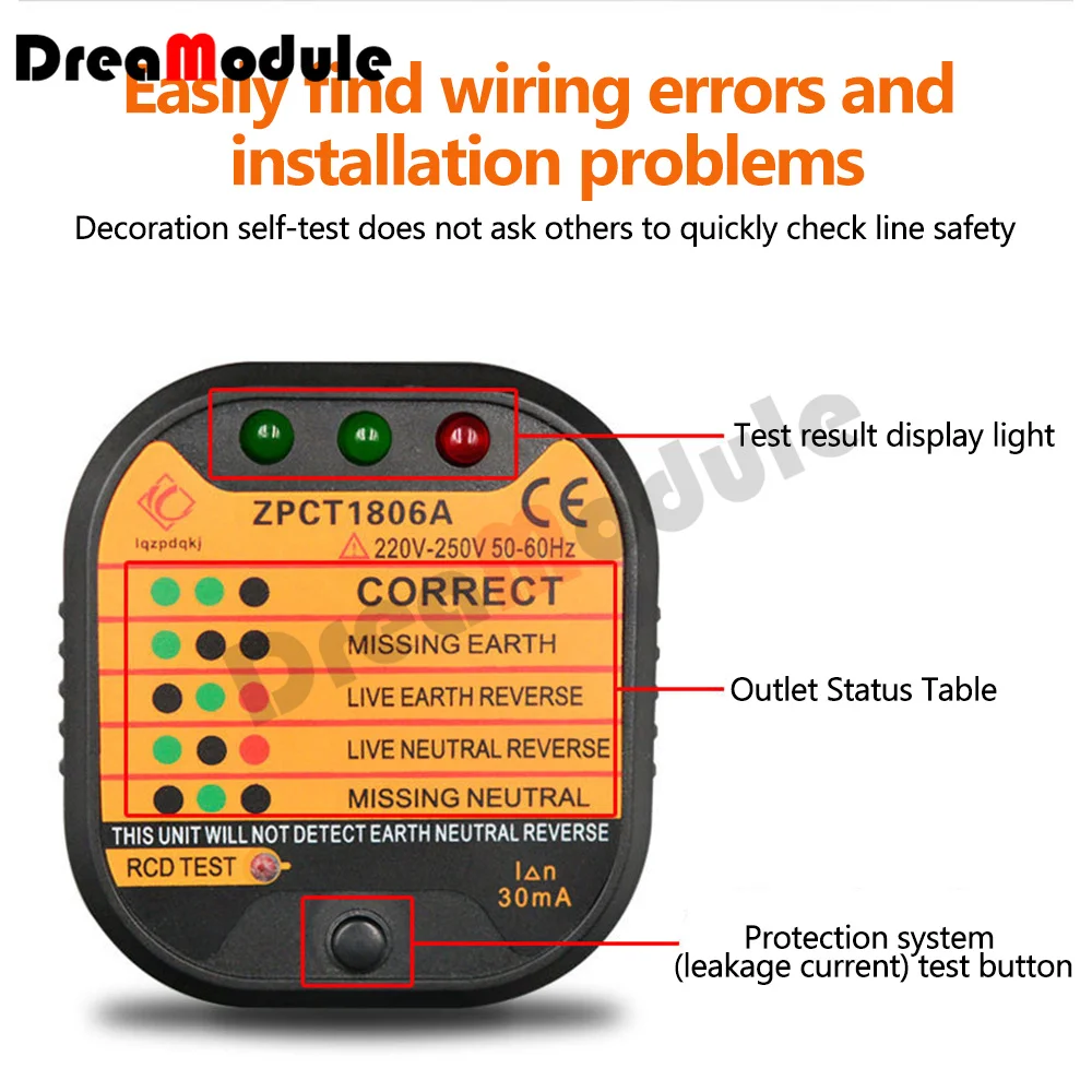 Socket Tester Detector Circuit Polarity Voltage Plug Circuit Breaker Grounding Zero Wire Switch Current Detector Electroscope