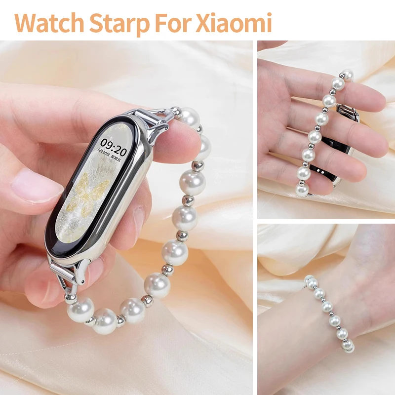 Elegance Pearl Bead Elastic Strap for Xiaomi Mi Band 10 9 8 7 Women Bracelet for Redmi Watch 6 5 4 Wristband Jewelry Accessories