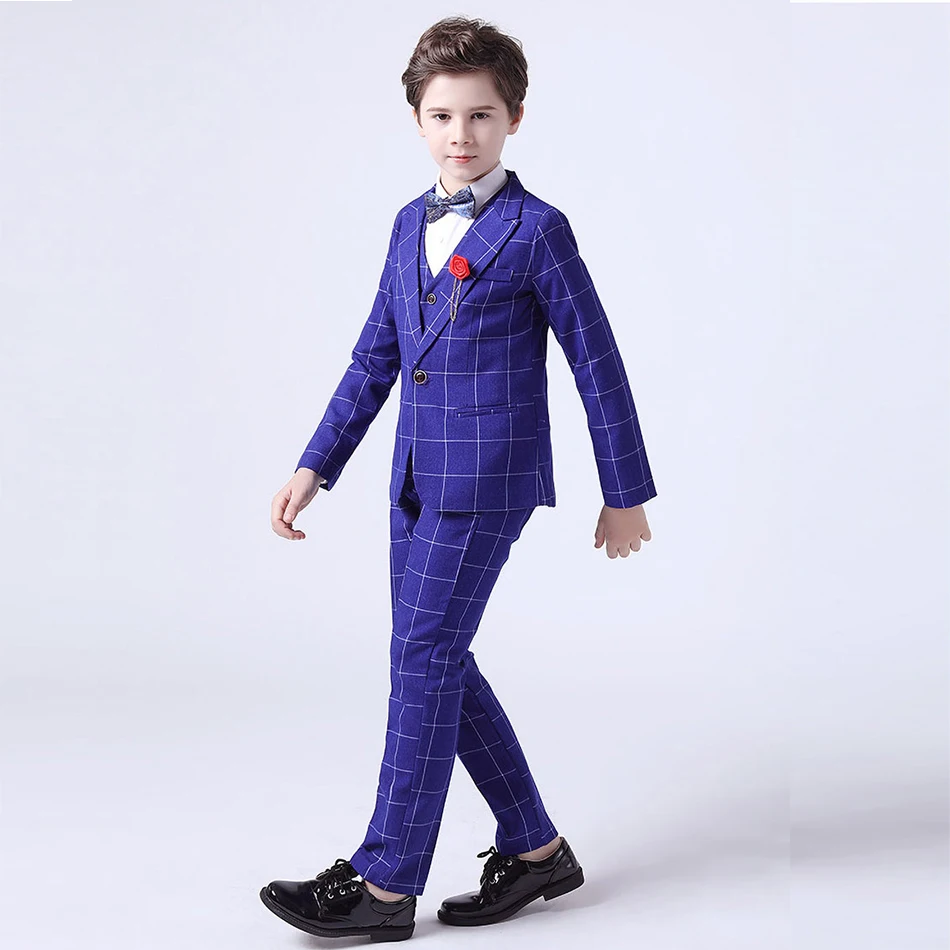 Baby Costume Children Young Bow Clothes Teenager Blue Gray Red Plaid Wedding Tuxedo Kids Elegant Blazer Formal Birthday Outfits