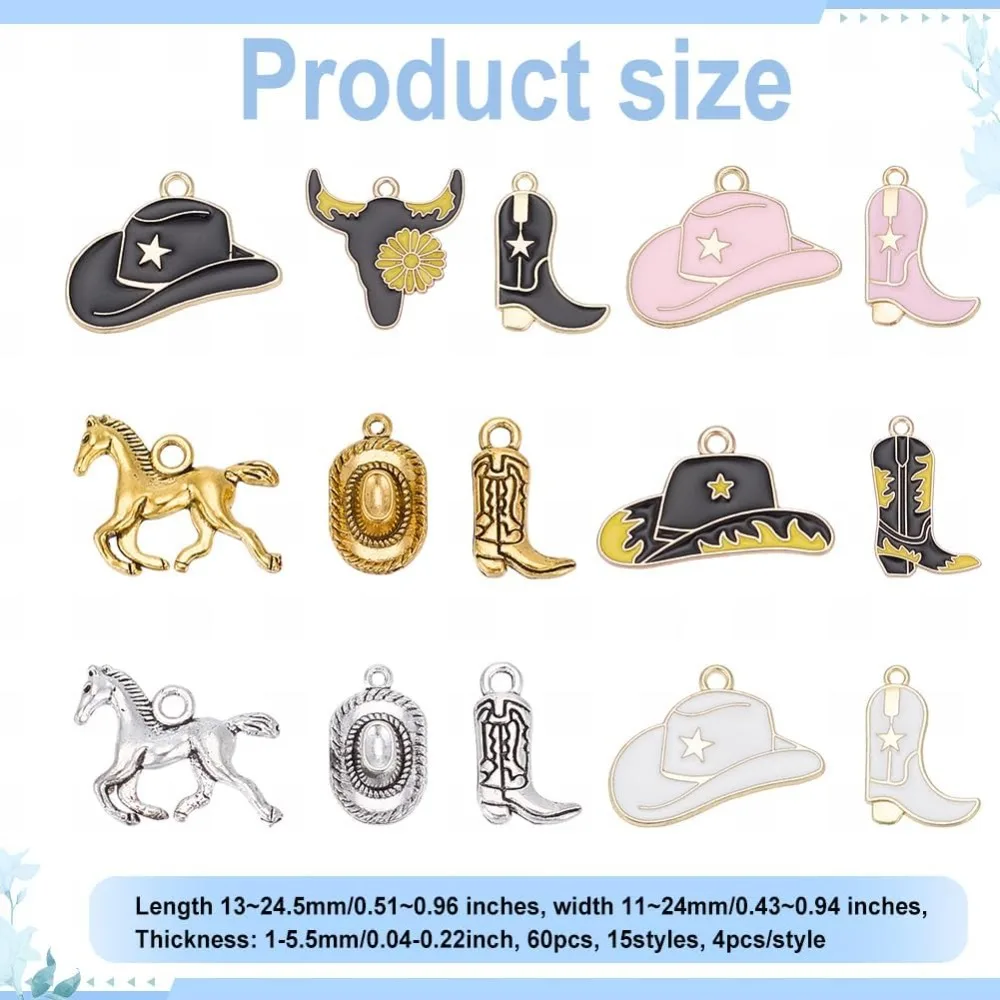 30Pcs Western Cowboy Charms 15 Styles Boot Horse Bull Head Hat Cowgirl Charms Alloy Enamel Pendants
