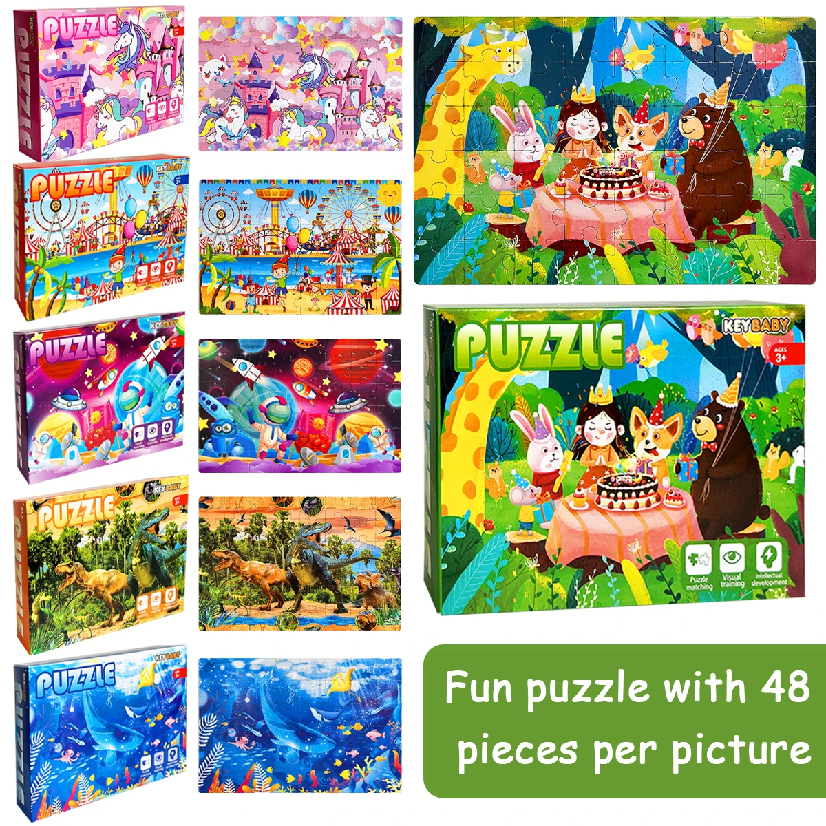 KEYBABY 48 - Piece Puzzle - Fun - Filled Scenes of Carnival, Space, Dinosaur & More