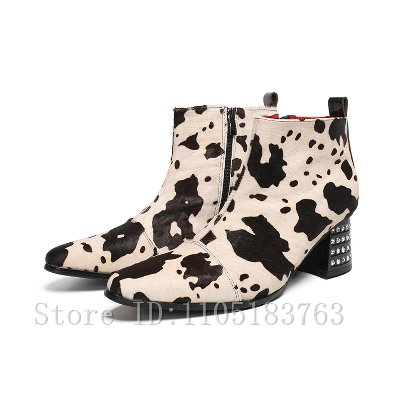 Men New Cow Print Ankle Boots Pointed Toe Side Zipper Booties, Rhinestone Studded Block Heel Fashion Party Dress Shoes
