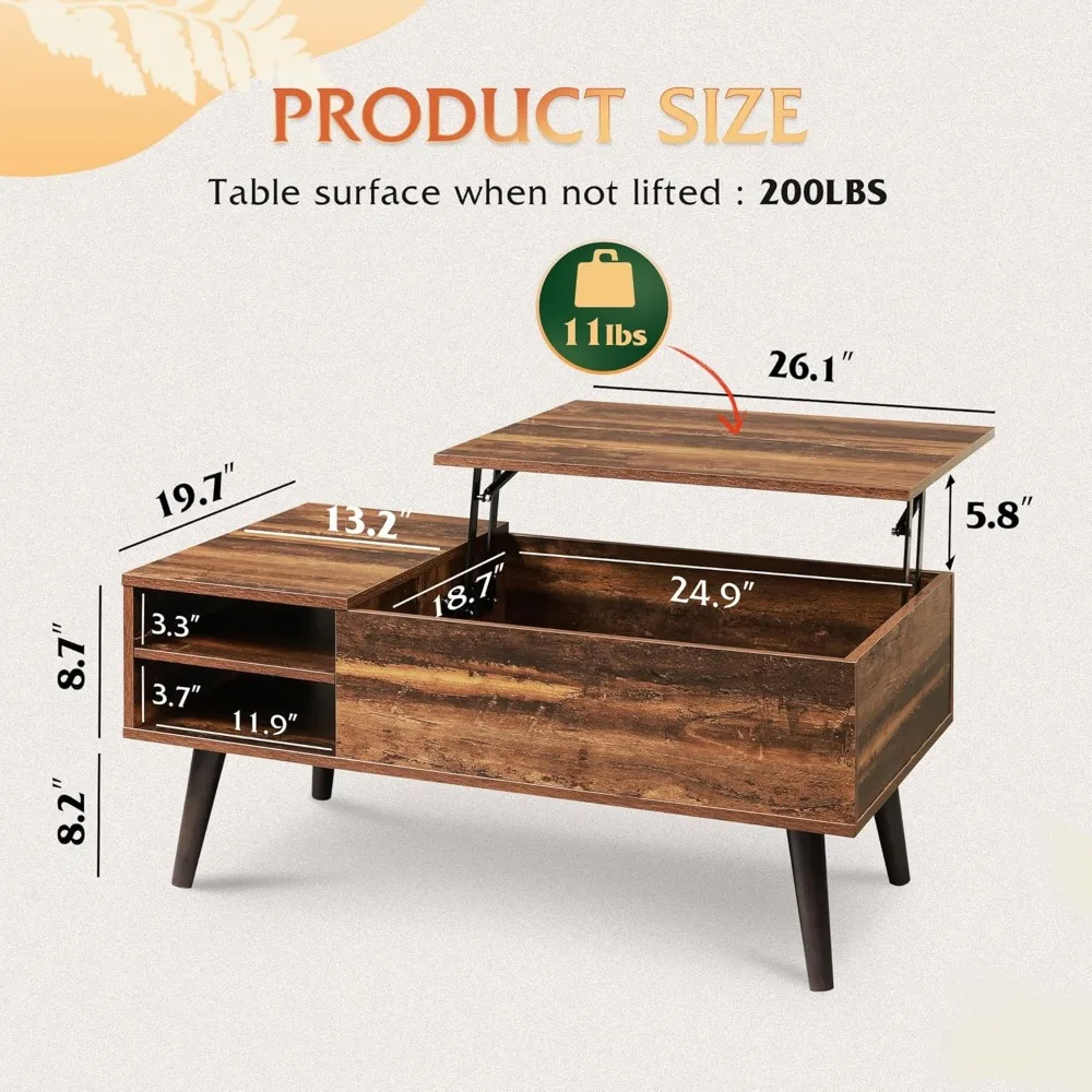 Mesa de centro elevatória de madeira com compartimento oculto e prateleira de armazenamento ajustável, mesa de jantar elevatória para casa e sala de estar