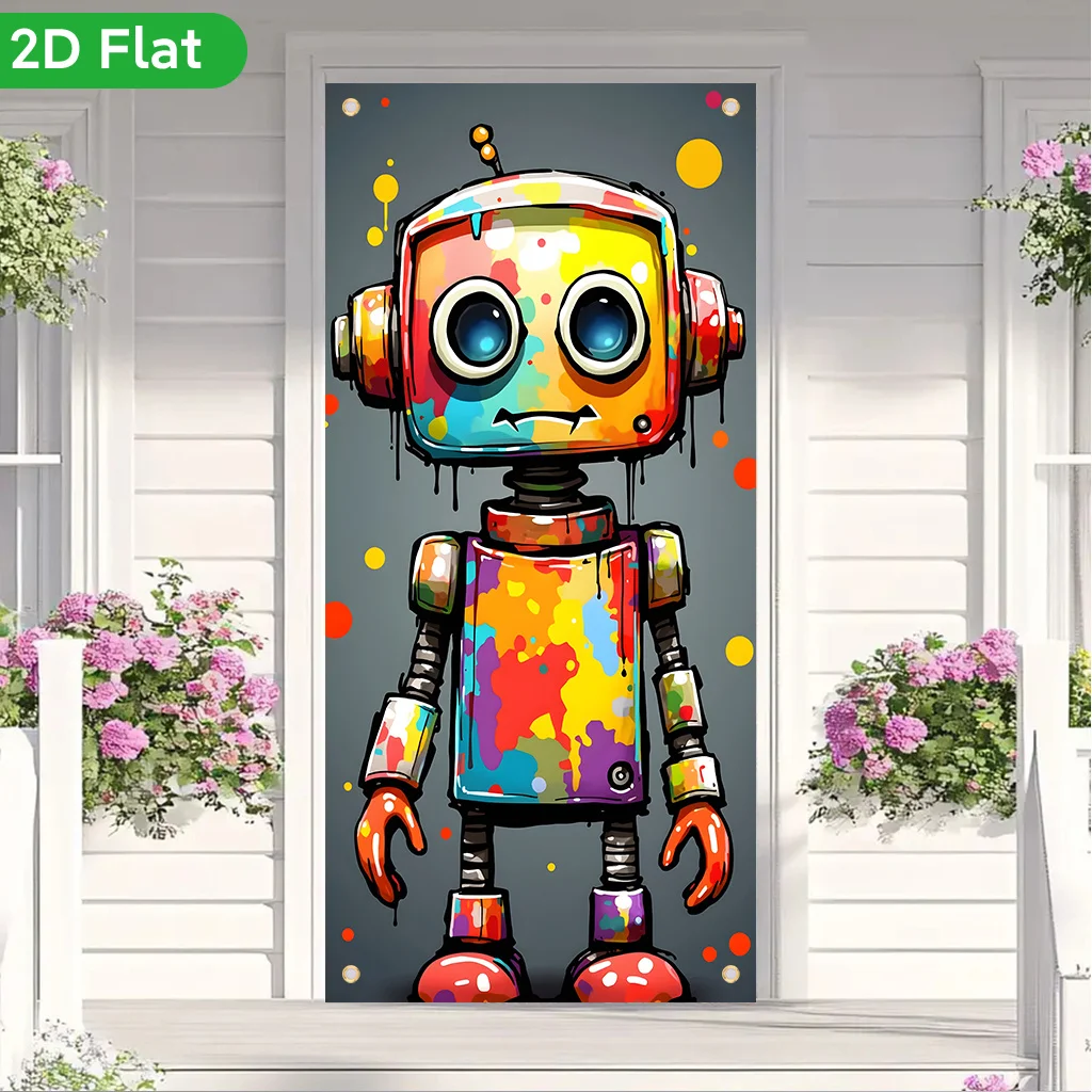 1 piece of 2D Flat Banner curtain, multicolored graffiti robot, printed curtain made of polyester materialDJH