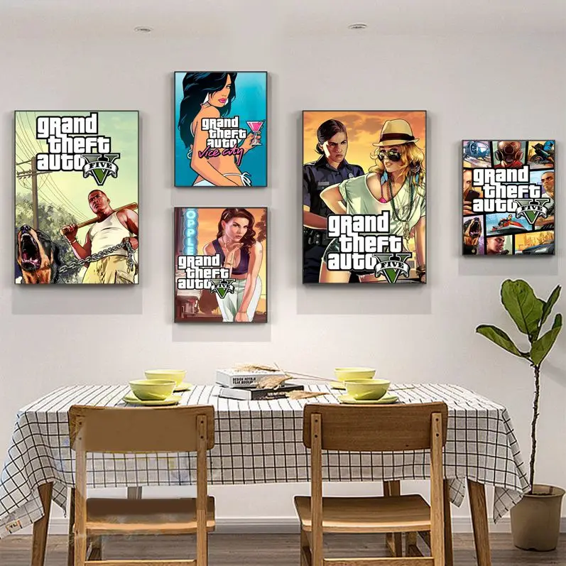 Game GTA 5 Grand Theft Auto Vintage Posters Sticky Waterproof Paper Sticker Coffee House Bar Stickers Wall Painting