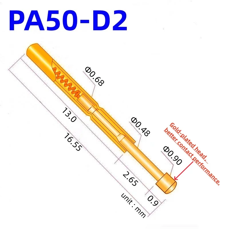 100PCS PA50-D2 Spring Test Probe PA50-D Test Pin Test Tool 16.55mm Dia0.68mm Gold Needle Tip Dia 0.9mm Pogo Pin P50-D P50-D2