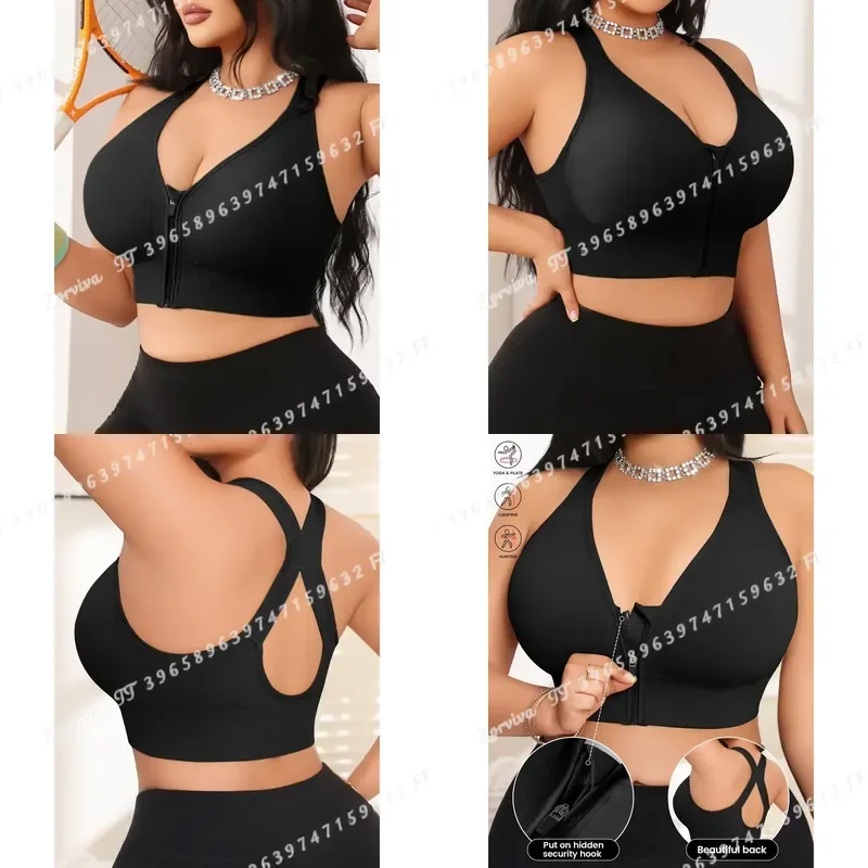 Women Plus Size Zip Front Yoga Sports Bra X Back Wirefree Removable Pads 1XL-4XL