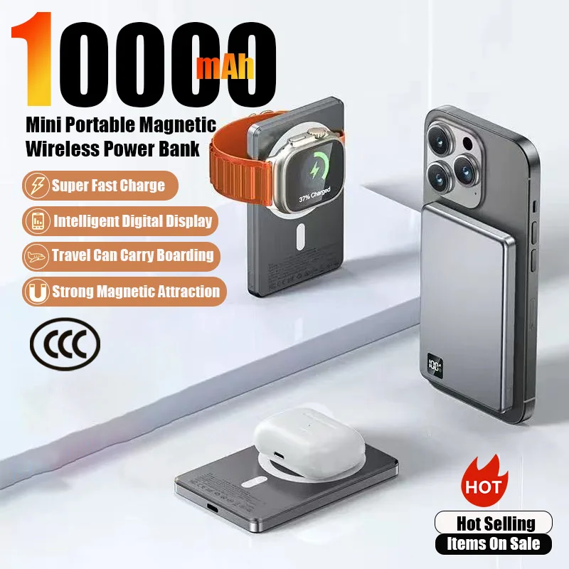 

New 10000mAh Ultra-Thin Portable Magnetic Wireless Power Bank LED Display Screen PD20W Fast Charge Suitable For IPhone Samsung