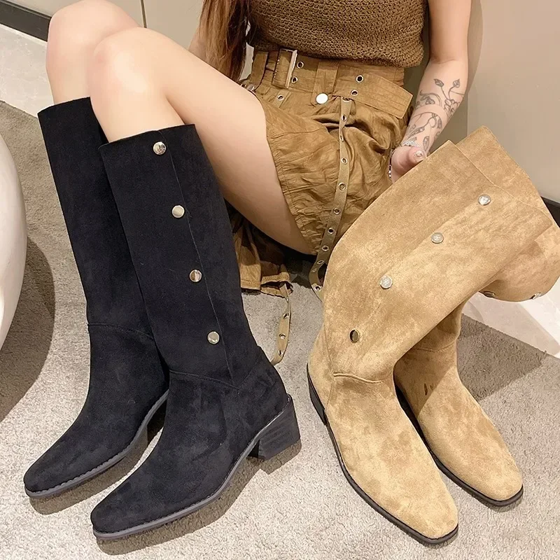 Western Cowboy Boots Women Autumn Square Toe Thick Heel High Knee Boots Woman Suede Fabric Long