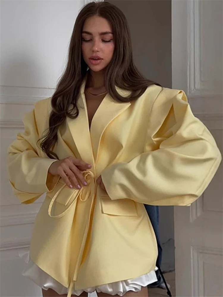 Elegant Commute Suit jacket Female Lace-Up Loose Pocket Patchwork Lapel Party Looks Outwear For Women Bandage Coat jacket
