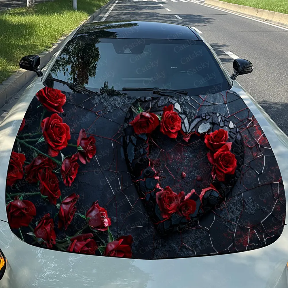 Gothic Red Roses with Dark Heart Car Hood Sticker,Waterproof Self-Adhesive Vinyl Graphics Decals,Decor Auto Accessories Stickers