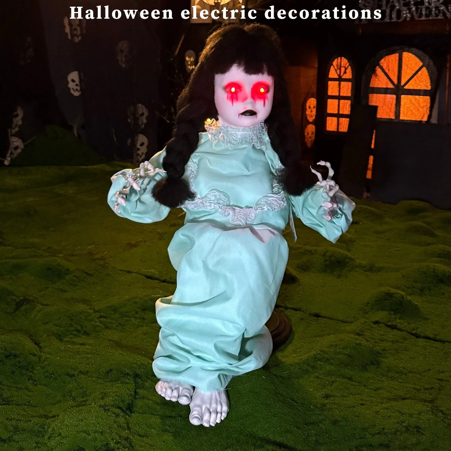 For the seated shaking little girl, ornaments electric induction glow sound horror atmosphere decorative props