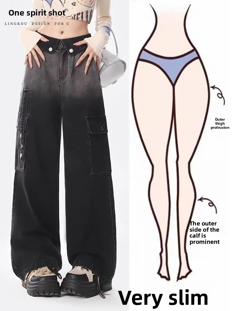 

High Waist Loose Fit adient Color Denim Workwear Pants Women Summer Design Slimming Wide Leg Long Trousers Casual Sle