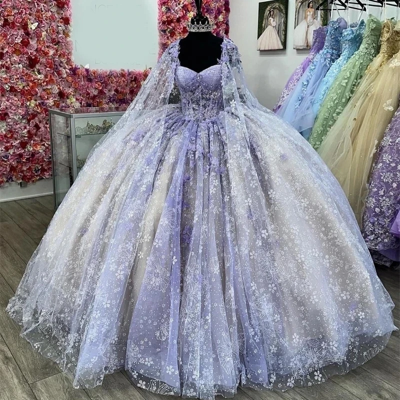 Lavender Lilac Quinceanera Dress Ball Gown Applique Beading Tulle With Cape Corset Sweet 16 Vestidos De XV 15 Anos