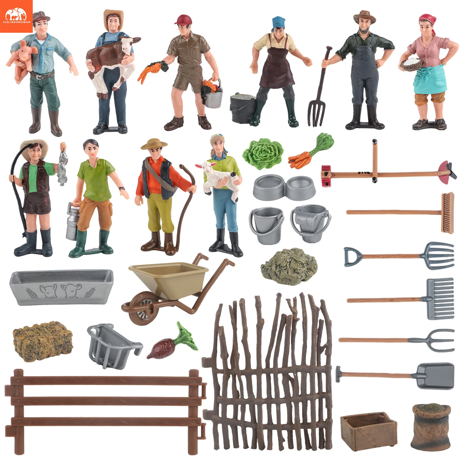 Simulation Farm Toys Set for Kids with Fence Shepherd Breeder Playset Tools Shovel Rake Fork Model - Character Scene Decoration