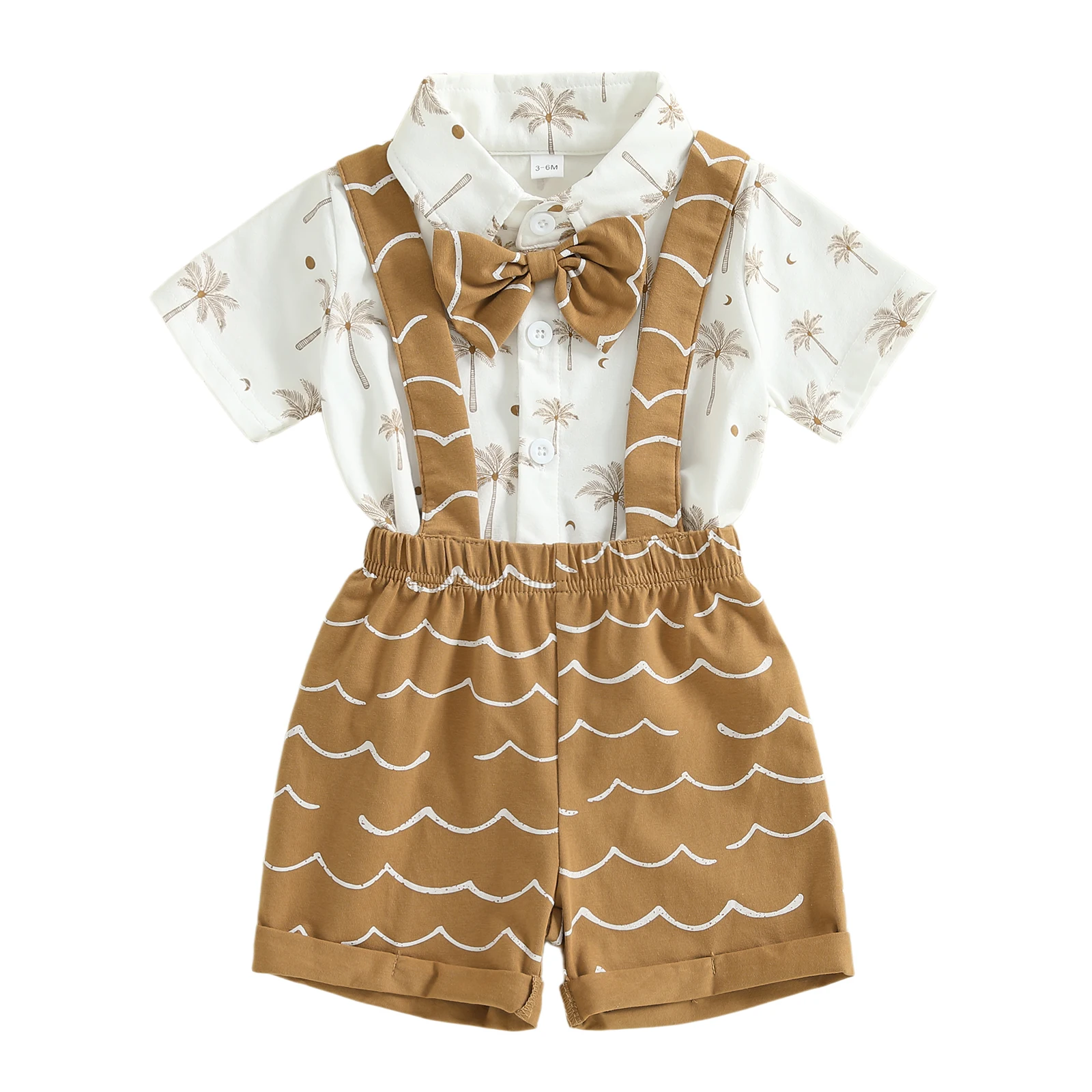

Toddler Boy Summer Outfit Coconut Tree Print Short Sleeve Bowtie Shirt Elastic Waist Suspender Shorts 2 Piece Gentleman Set