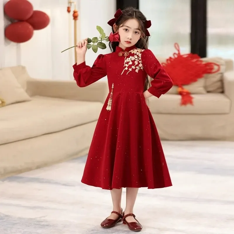 2025 spring autumn winter Kids Girls solid retro qipao cheongsam applique red Princess Teens New Year Dresses Clothes 4 12 year