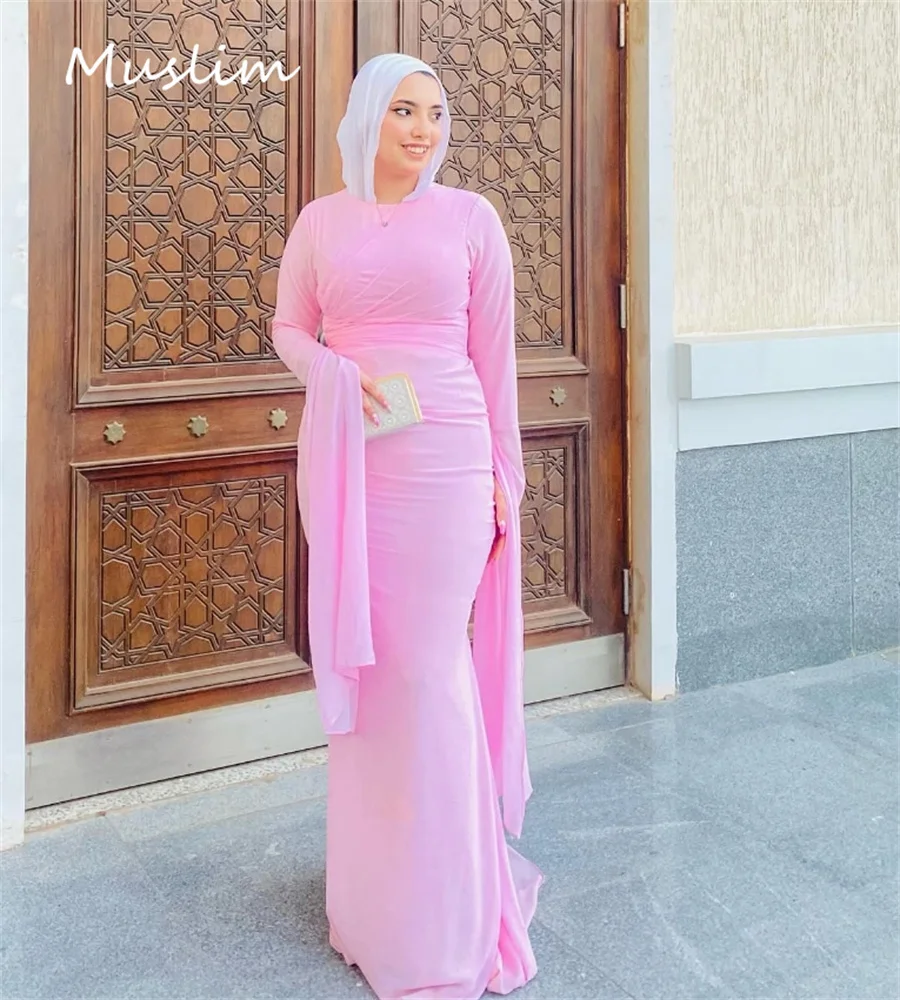 Elegant สีชมพูอาหรับ Abaya ชุดราตรี Charming มุสลิม Mermaid PROM PLUS ขนาดอิสลามอย่างเป็นทางการแขนยาวที่กําหนดเอง