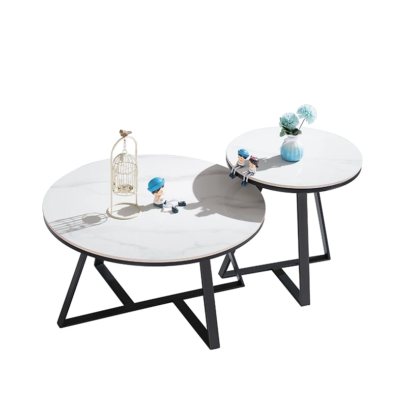# Modern Durable White Living Room Furniture Set 2 High Low Coffee Tables Stainless Steel Legs; Easy Clean Stone Slab Coffee Tab