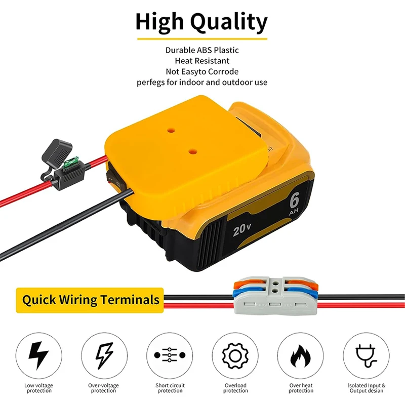 Adattatore per ruote di alimentazione per batteria al litio Dewalt 18V 20V con fusibile interruttore connettore di alimentazione a filo 12AWG per