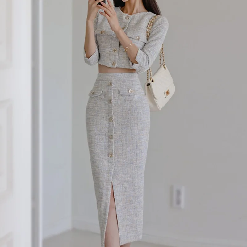 Chic Two Piece Sets Women Korean Elegant Cropped Jacket and Skirts Lady Streetwear Business Skirt Sets Office Lady