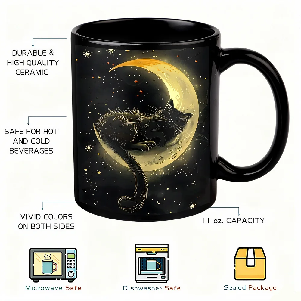 Cat Mug with Lip Design Moon Starry Sky Black Cat Pattern Home Office Coffee Cup Cat Lover Birthday Gift