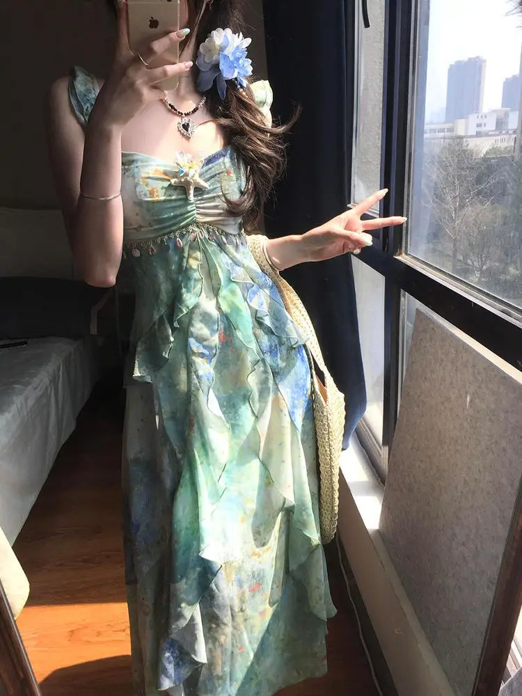 Ele Sommer Blumendruck Lang Dr Damen Trägerkleid Hohe Taille A-Linie Silhouette V-Neline Casual Vintage Sle