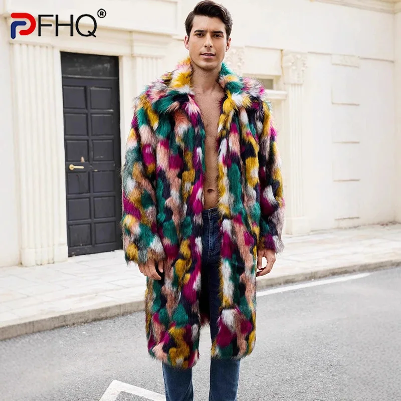 PFHQ Niche Men's Long Faux Fur Jacket Autumn Winter New Colorful Warm Coat Long Sleeve Cardigan Lapel Fashion Clothing 21P1294