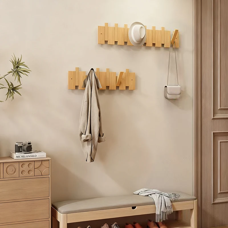 Punch-free Wall Mounted Black Walnut Coat Rack Solid Wood Clothes Hooks Hallway Entrance Door Hanger Bathroom Rack Home Decor