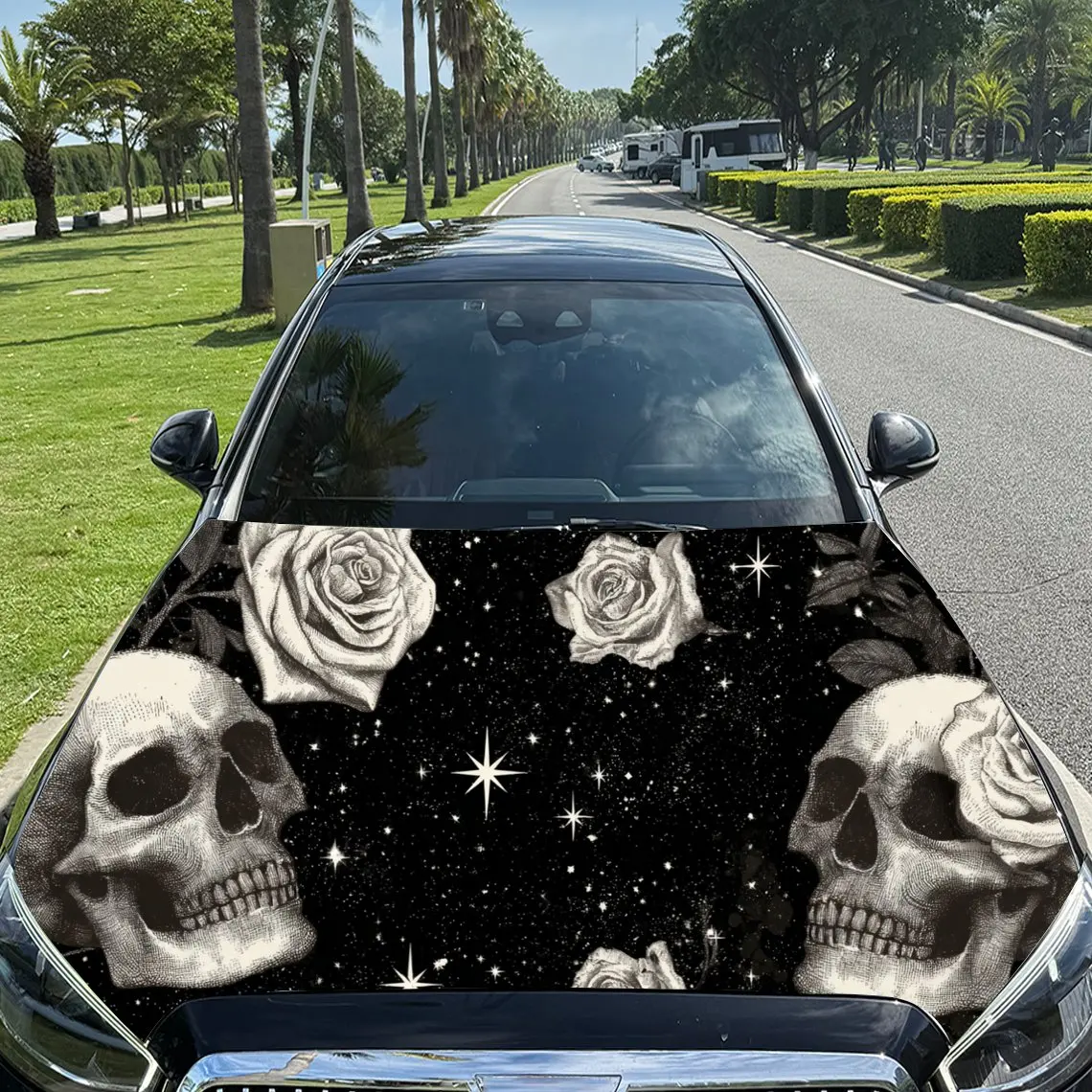 Car Decal Multiple Skulls with White Roses and Stars in Black Background & Artistic, Gothic-Symmetrical Visual Details Car Hood