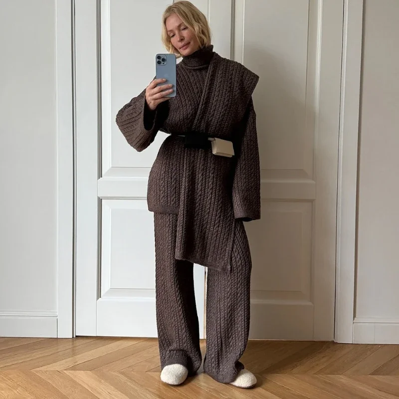 Tauxy moda malha torção terno feminino sólido manga longa pulôver elástico camisola calças compridas casual solto ternos femininos