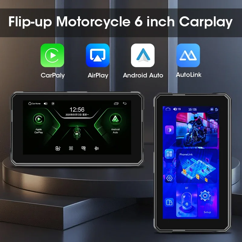 Jansite Portable 6 inch Motorcycle GPS Navigation Screen Rotation Wireless CarPlay Android Auto Digital Dashboard Monitor BT5.0