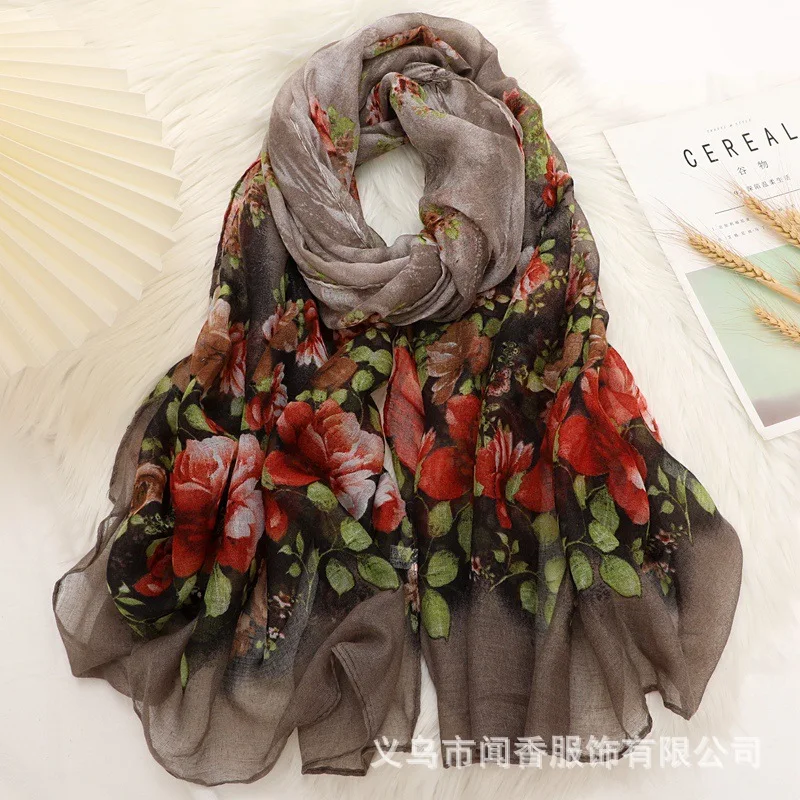 Warm flower print scarf voile scarf breathable soft neck protection silk scarf women's fashionable versatile long shawl
