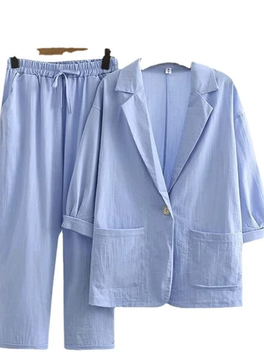 Imagen 2 del producto Traje de primavera y verano para mujer, Top + pantalón largo, traje de dos piezas, chaqueta informal de lino y algodón, traje superior, conjunto holgado de talla grande para mujer 2025
