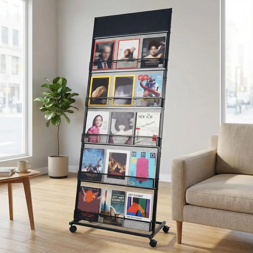 

70 5-Tier Adjustable Magazine Rack with Wheels, Portable Display Stand for Brochures, Suitable for Various Venues