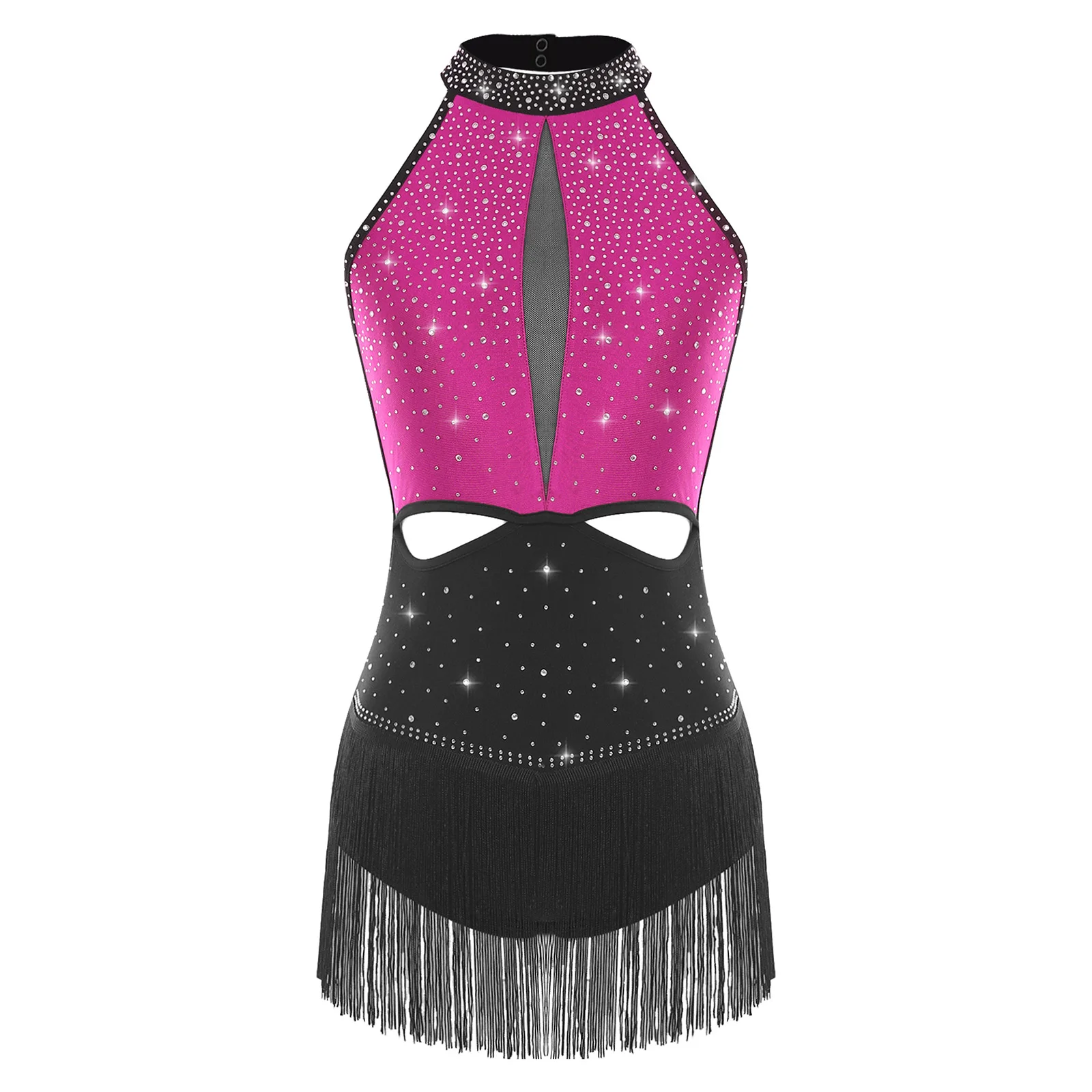 

Women Backless Latin Jazz Tango Dress Costume Allover Rhinestones Tassel Skirted Leotards Bodysuit for Cha-cha Salsa Rumba Dance