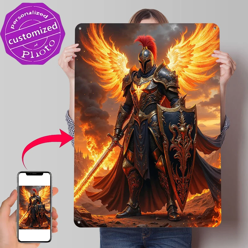 Feuriger Ritter mit Phönixflügeln Bedrucktes Poster Individualisierte Wandkunst Retro Vintage Metallschilder zur Dekoration Zimmer Männerhöhle