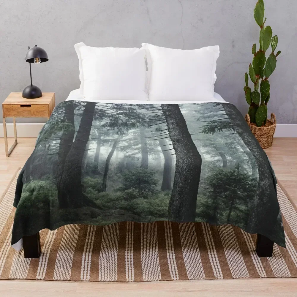 

Path Vibes // Wild Romantic Misty Retro Fall Wilderness Fairytale Forest With Cascadia Trees Covered In Magic Blue Throw Blanket