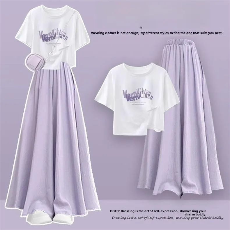 

Summer Fashion Dopaamine Short Sleeve T-Shirt High Waist Wide Leg Pants Two Piece Set Trendy Korean Design Breathable Cotton