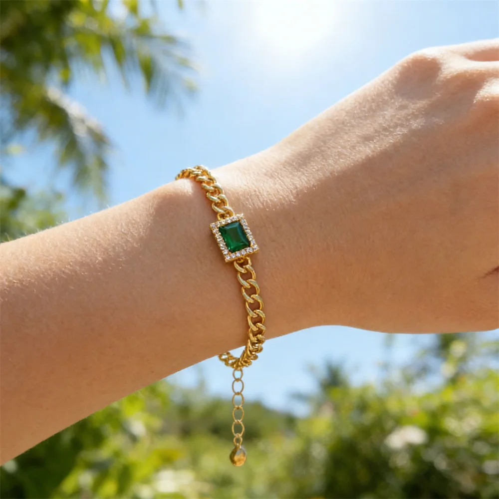 Luxury Real 18K Gold Plated Curb Chain With Clear Paving Around Emerald Square Zircon Pendant Bracelet For Women Jewelry Gift