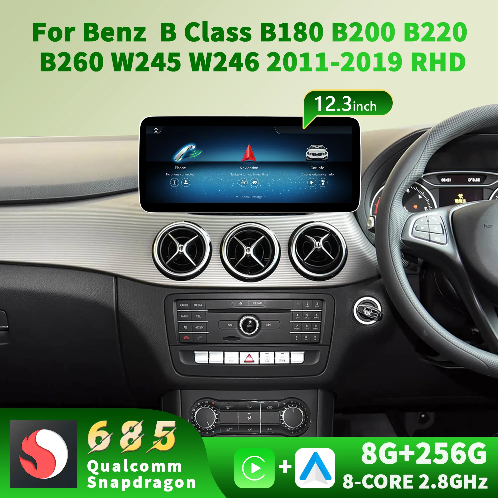 12.3 inch Right Hand Drive Snapdragon 685 Car Radio Android 14 For Mercedes Benz B Class B180 B200 B220 B260 W245 W246 2011-2019