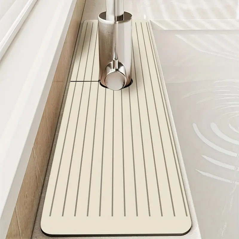 VIKAMA Minimal Neutral Stripe Faucet Drying Mat Waterproof Quick Dry Non Slip Cutout Tap Pad Kitchen Bathroom Counter Protector