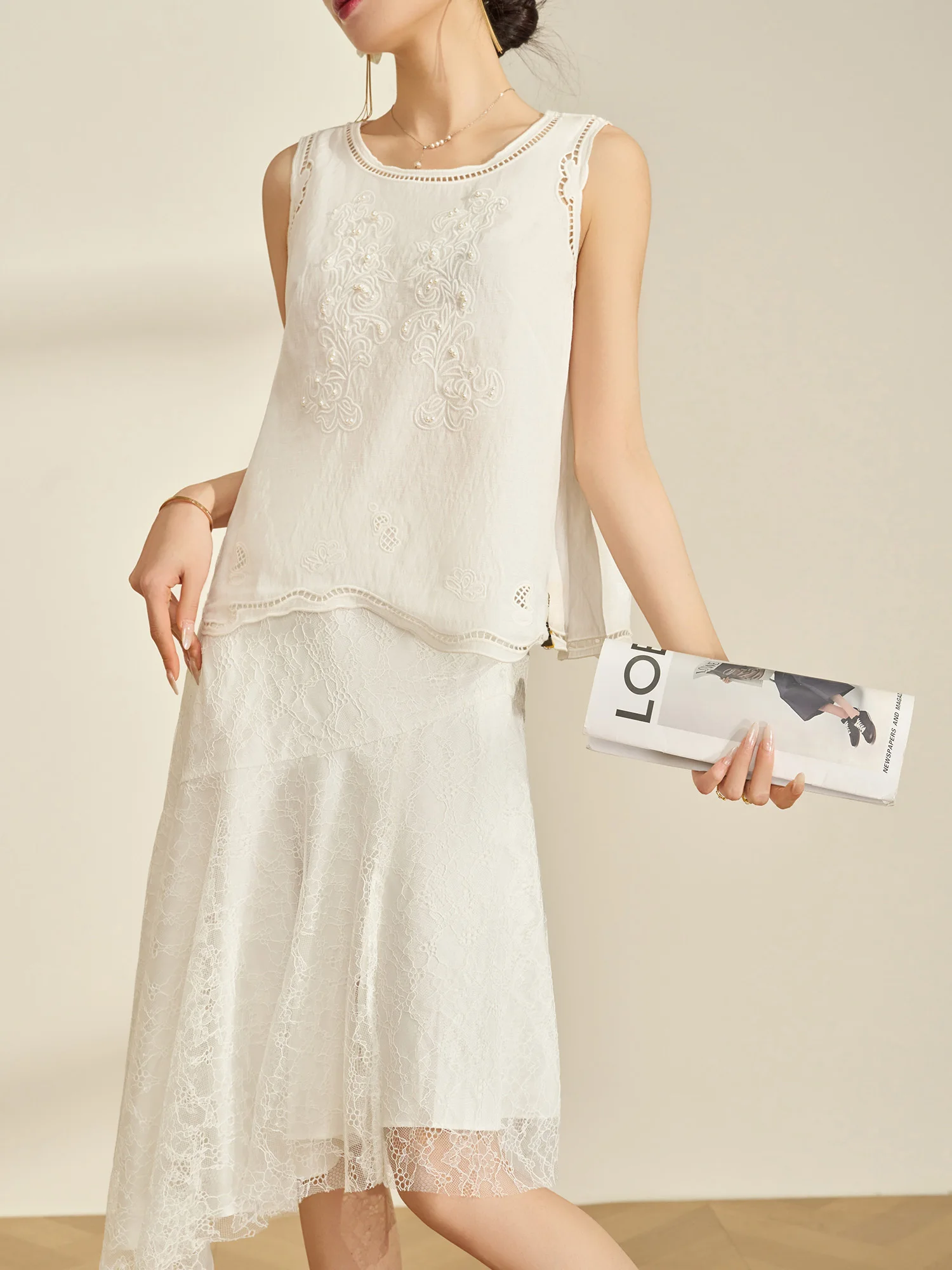 

White Embroidered Sleeveless Shirt Women's Design Spring Early Fashion Casual Breathable round Neck Top by Flowing Era