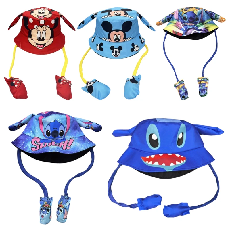 Disney Stitch Fisherman Hat Bucket Hat Summer Children Panama Hats with Moving Ears Cartoon Outdoor Sun Hat Girl Cosplay Cap